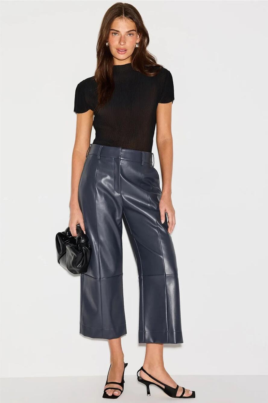 Jason Wu RTR Sz 4 Dark Navy Faux Leather Cropped Wide Leg High Rise Pants